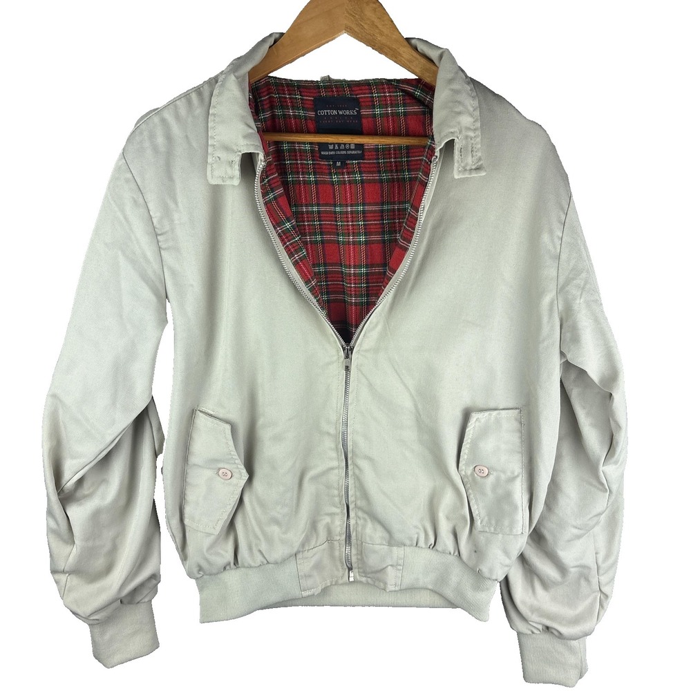 Cotton Works Bomber Jacket Mens Large Beige Flannel Plaid-Lined Full Zip